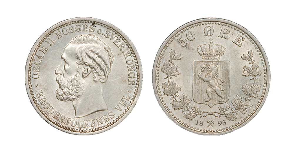 Kong Oscar IIs 50-øre i sølv fra 1893 